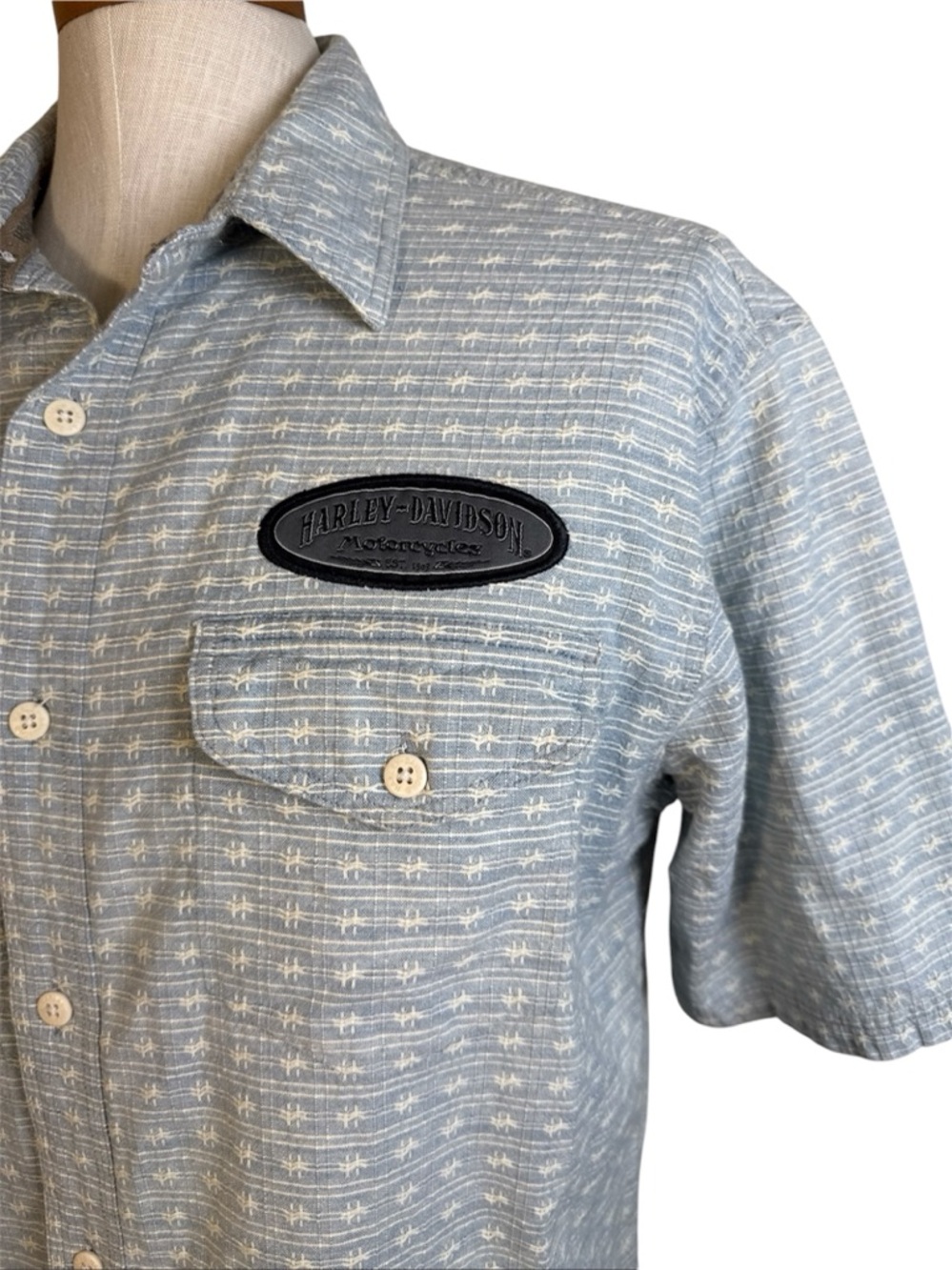 Harley Davidson Mechanic Button Short Sleeve Large Cotton Textured Pockets Patch